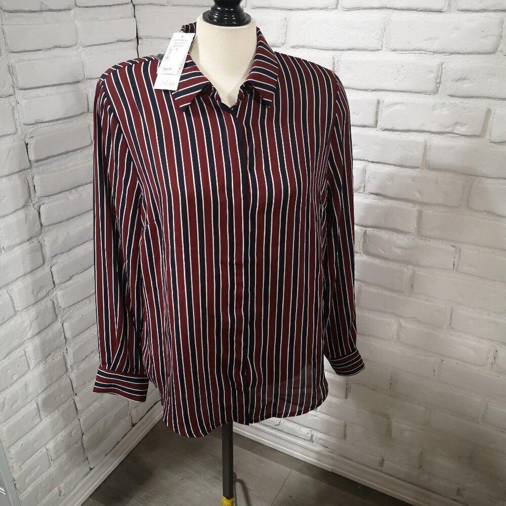 NWT Cleo Ladies Size Large Navy Burgundy Cream Striped Loose Fit Blouse